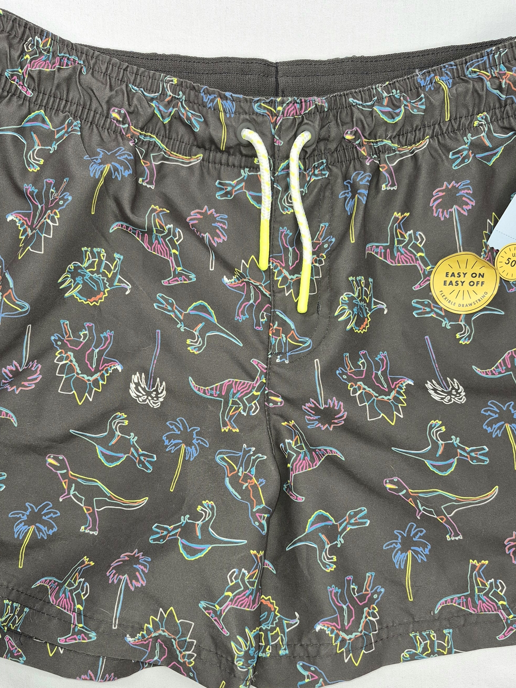 Cat & Jack Boys Sz 14 Black Swim Trunks With Liner Neon Dinosaur Print